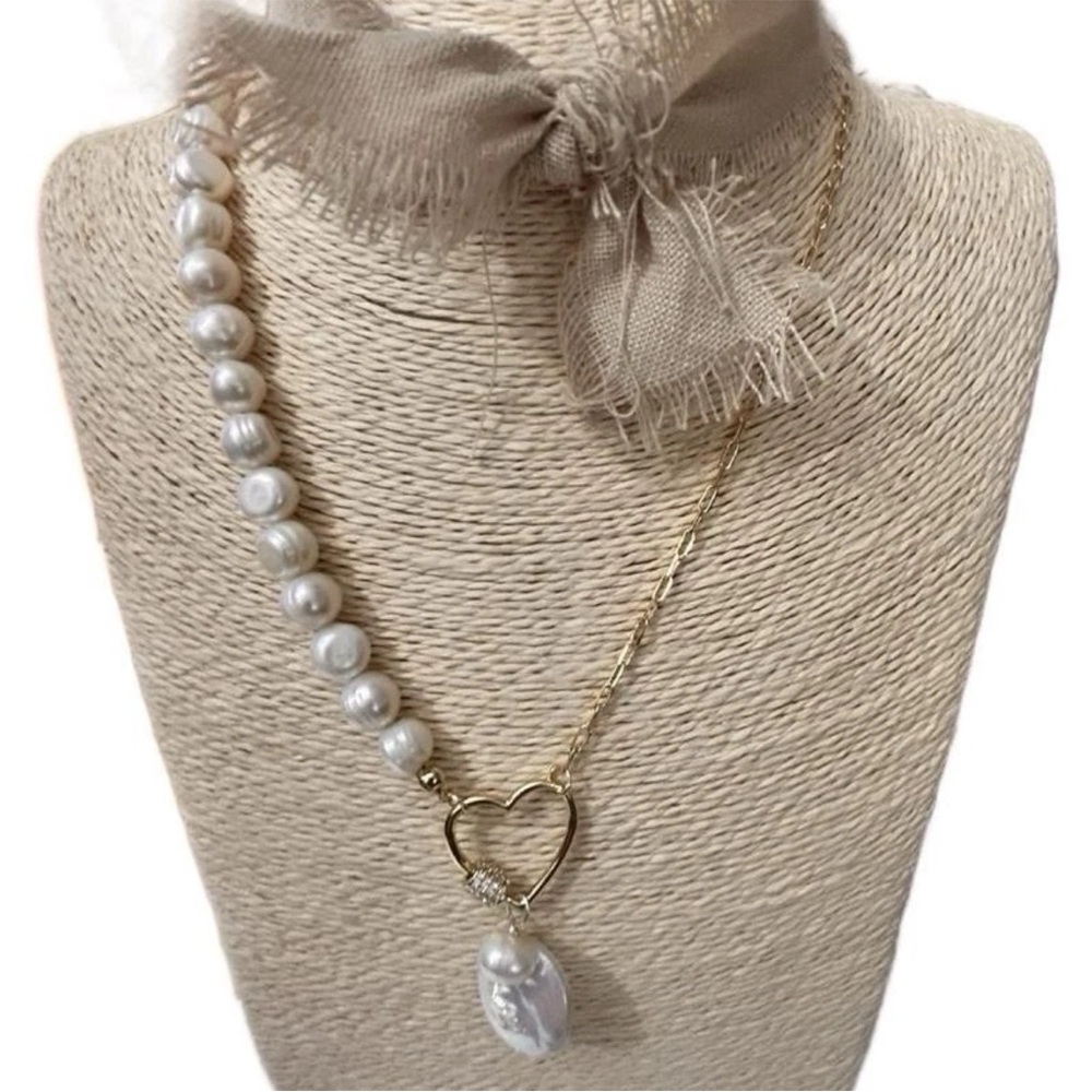 New Artisan Necklace, Pearls & Heart Gold Filled Necklace, Paperclip Chain